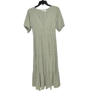 Lucky Brand Sage Green Cotton Gauze Tiered Midi Button Down Boho Dress Size XS